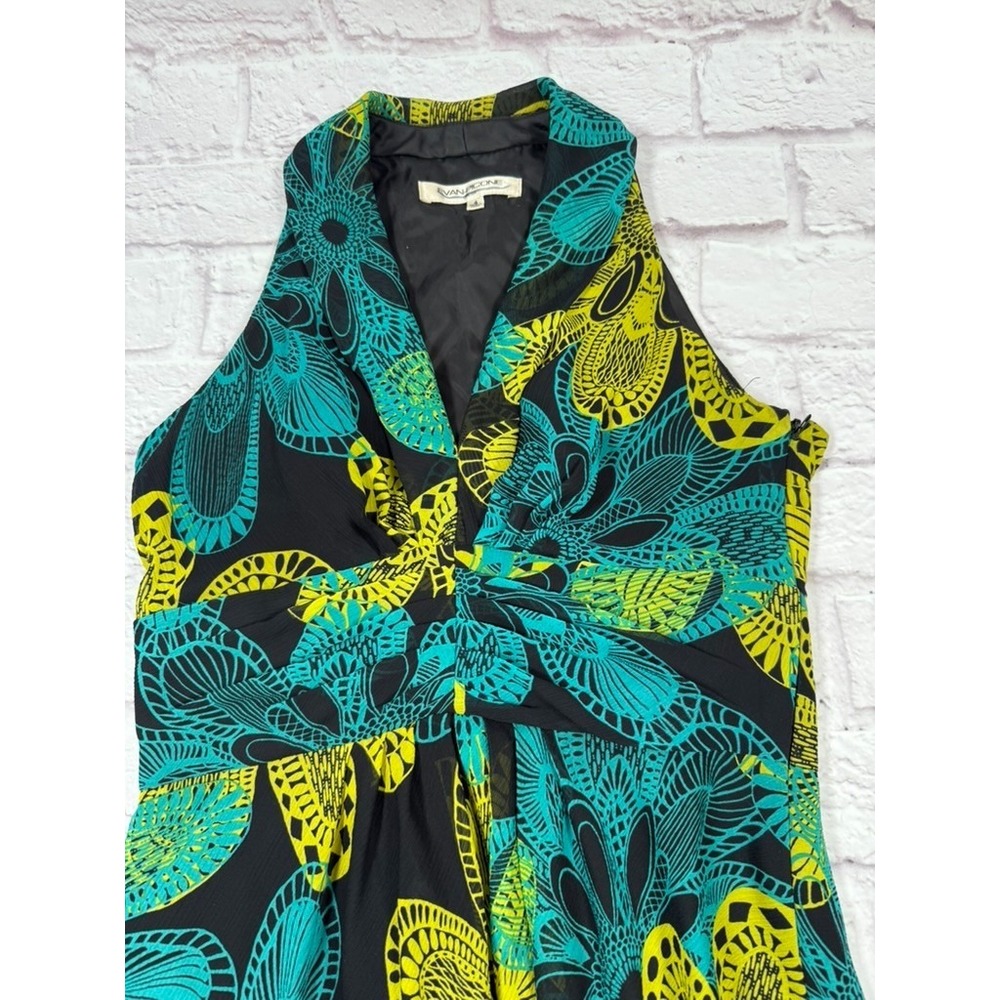 Evan Picone Everyday Art Teal & Yellow Halter Neck Floral Dress Size 4 Side Zip